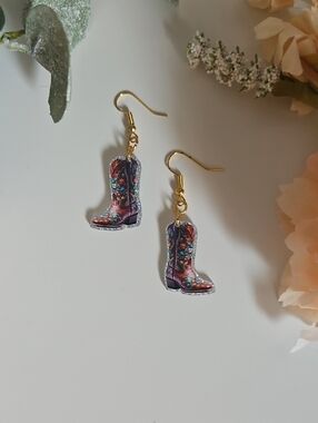 Floral Cowboy Boot Dangle Earrings - Pink & Purple